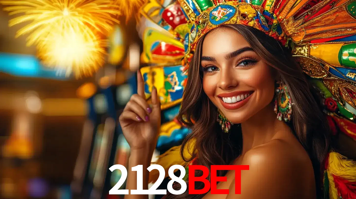 Mulher sorridente com um cocar de carnaval vibrante e colorido, celebrando uma grande vitória nos jogos do cassino 2128bet com fogos de artifício ao fundo.