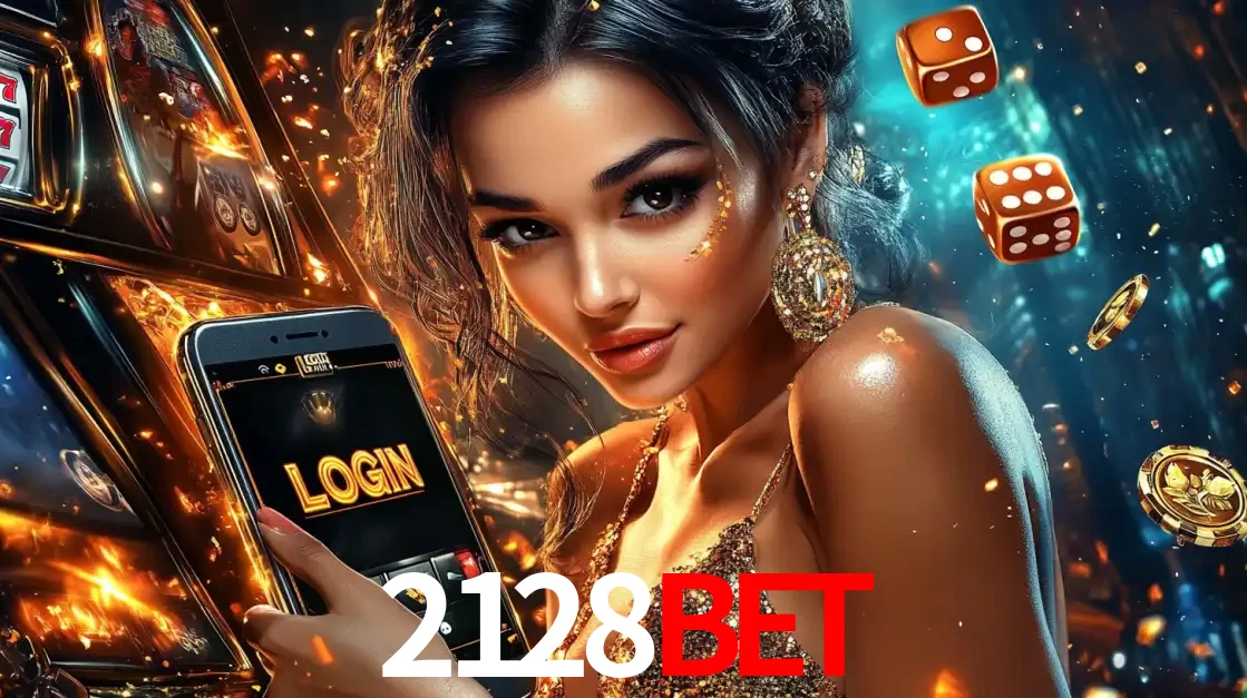 Mulher glamourosa segurando um celular com a tela de login do cassino 2128bet, rodeada por dados e moedas douradas, pronta para começar a diversão.