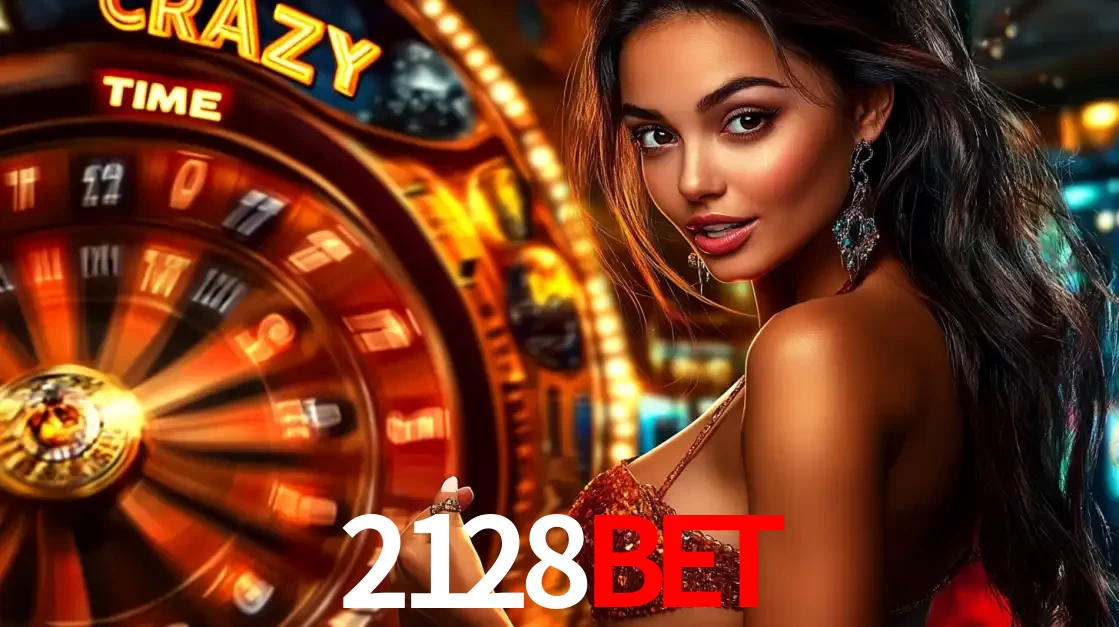 Mulher ao lado da roda de prêmios do jogo de cassino ao vivo Crazy Time, um dos shows de jogos mais emocionantes oferecidos pela plataforma de apostas 2128bet.