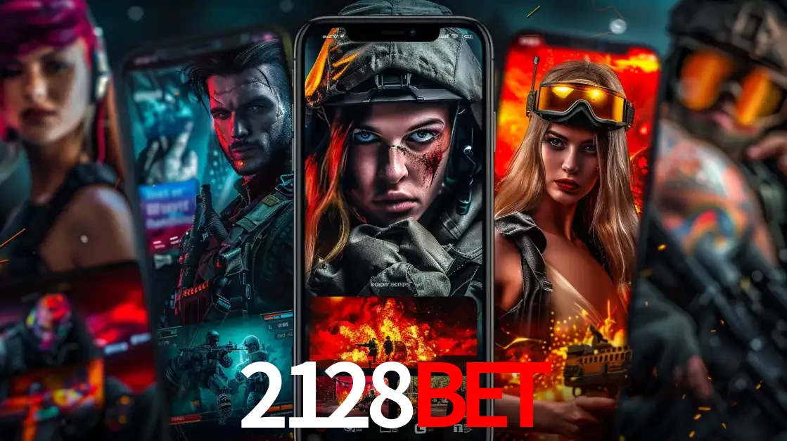 Montagem de telas de celular mostrando diversos personagens, masculinos e femininos, de um jogo de tiro, ilustrando a diversidade de equipes de e-sports para apostar no 2128bet.