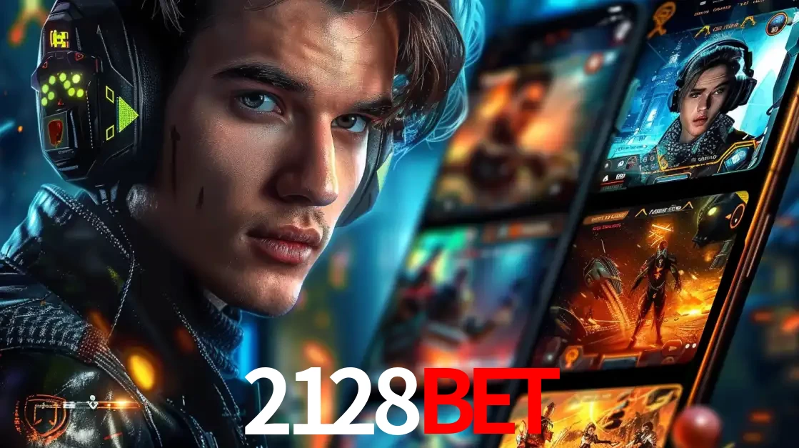 Jovem jogador com fones de ouvido olhando para a câmera, com um aplicativo de jogos e e-sports para celular ao fundo, pronto para a competição e apostas no 2128bet.