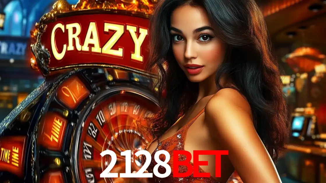 Mulher glamourosa olhando para a câmera com a roda vermelha do Crazy Time ao fundo em um ambiente de cassino, destacando a emoção dos jogos ao vivo no 2128bet.