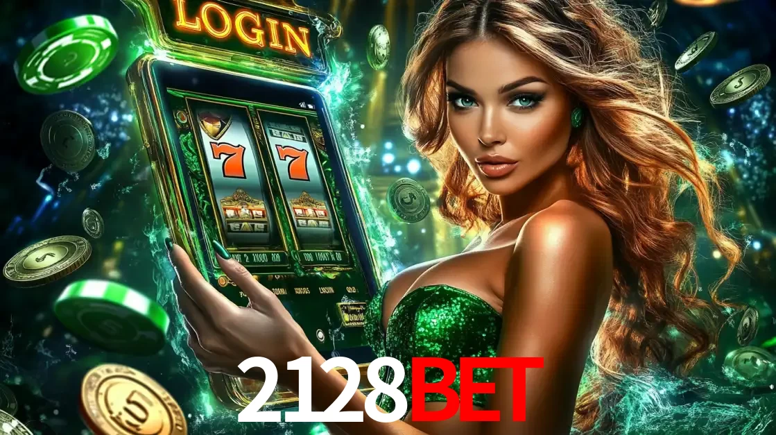 Mulher com tema verde apresentando o aplicativo do cassino 2128bet com um jogo de slot de 777, cercada por fichas de cassino e uma aura de sorte.