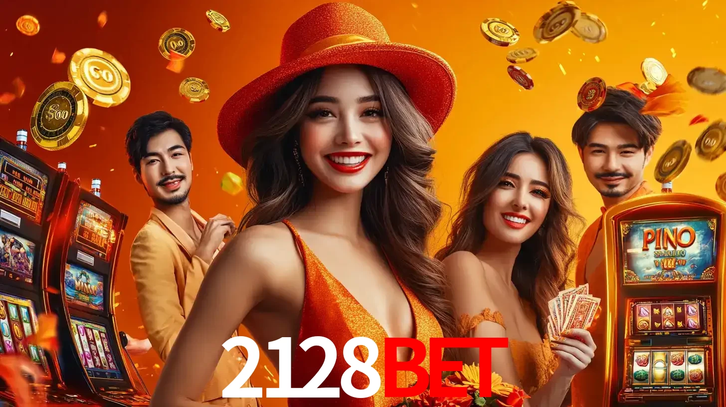 Grupo de amigos asiáticos sorrindo e se divertindo com máquinas de caça-níqueis em um ambiente festivo, celebrando suas vitórias nos jogos de cassino do 2128bet.