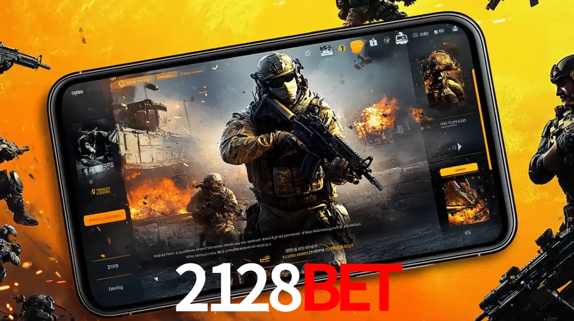 Um smartphone exibindo a interface de um jogo de tiro em primeira pessoa, com um soldado em um cenário de batalha, representando a ação dos e-sports para apostar no 2128bet.