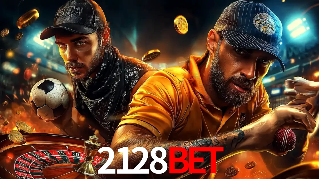 Montagem de apostas esportivas e cassino no 2128bet, com um homem segurando uma bola de futebol e outro uma de beisebol sobre uma roleta e moedas voadoras.