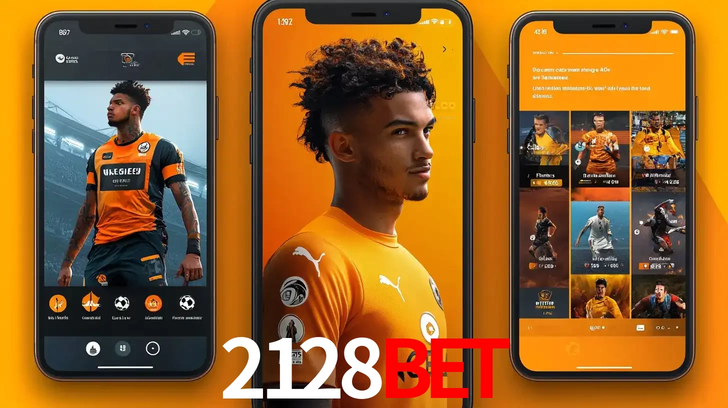 Interface do aplicativo de apostas esportivas 2128bet em três telas de celular, mostrando o perfil de um jogador de futebol e a lista de jogos disponíveis para apostar.