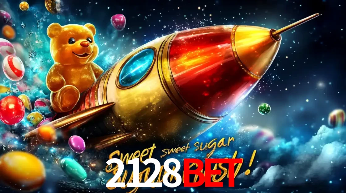 Arte promocional do jogo de slot Sugar Rush, com um urso de pelúcia em um foguete viajando pelo espaço de doces, um dos jogos divertidos disponíveis no cassino 2128bet.