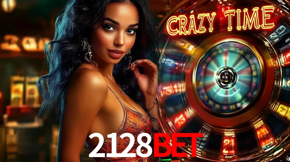 Mulher elegante ao lado da vibrante roda da fortuna do jogo de cassino ao vivo Crazy Time, um dos game shows mais populares e cheios de prêmios do 2128bet.