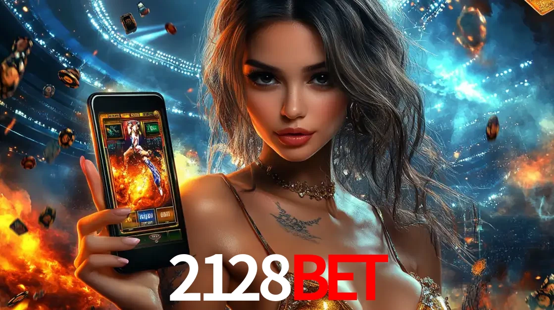 Mulher segurando um celular com um jogo de slot em destaque, tendo como fundo um estádio vibrante, simbolizando a emoção de jogar no cassino móvel 2128bet.