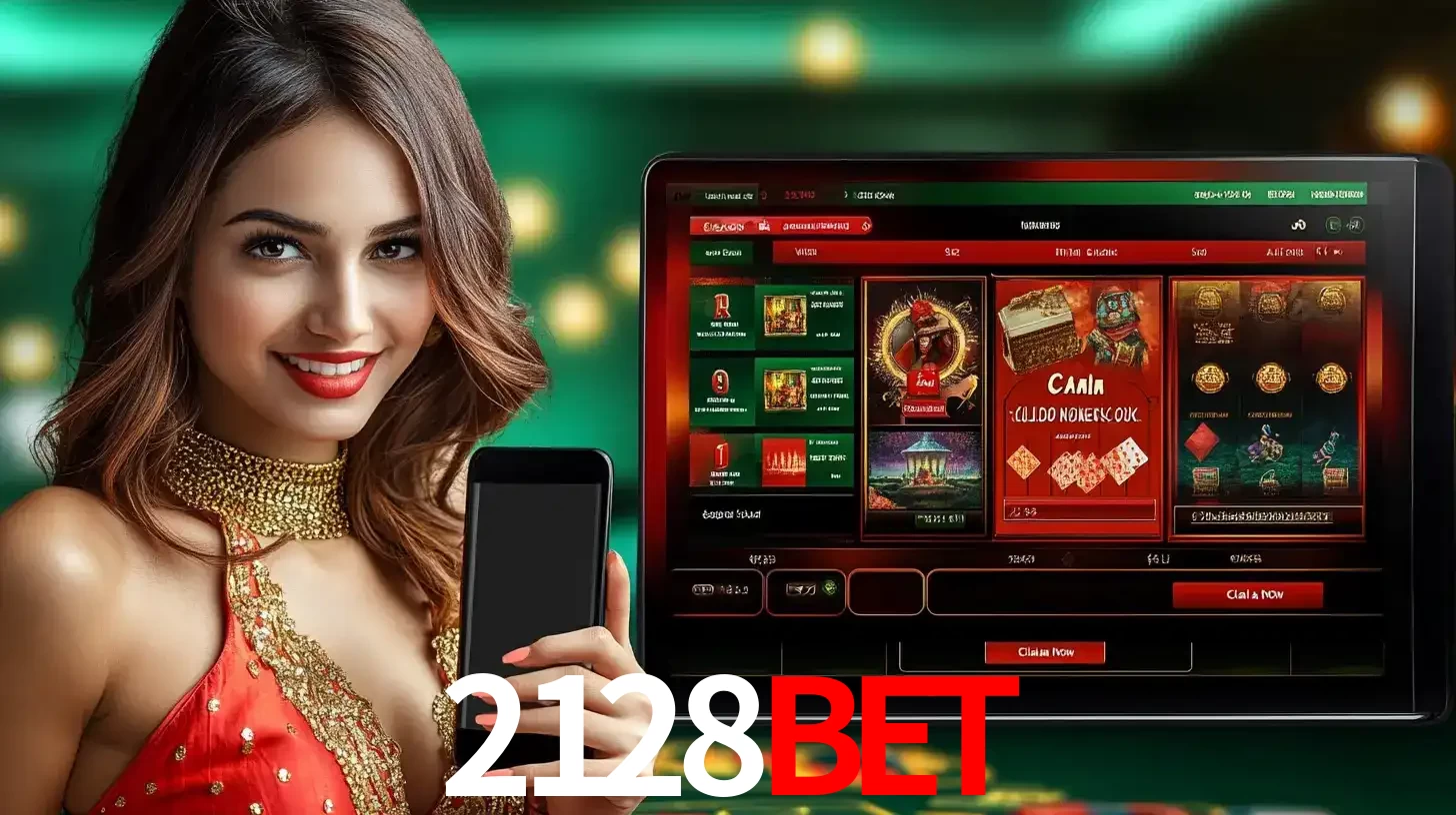 Mulher sorridente segurando um smartphone, ao lado de uma tela exibindo o lobby de jogos do cassino online 2128bet, com várias opções de jogos de cartas e slots.